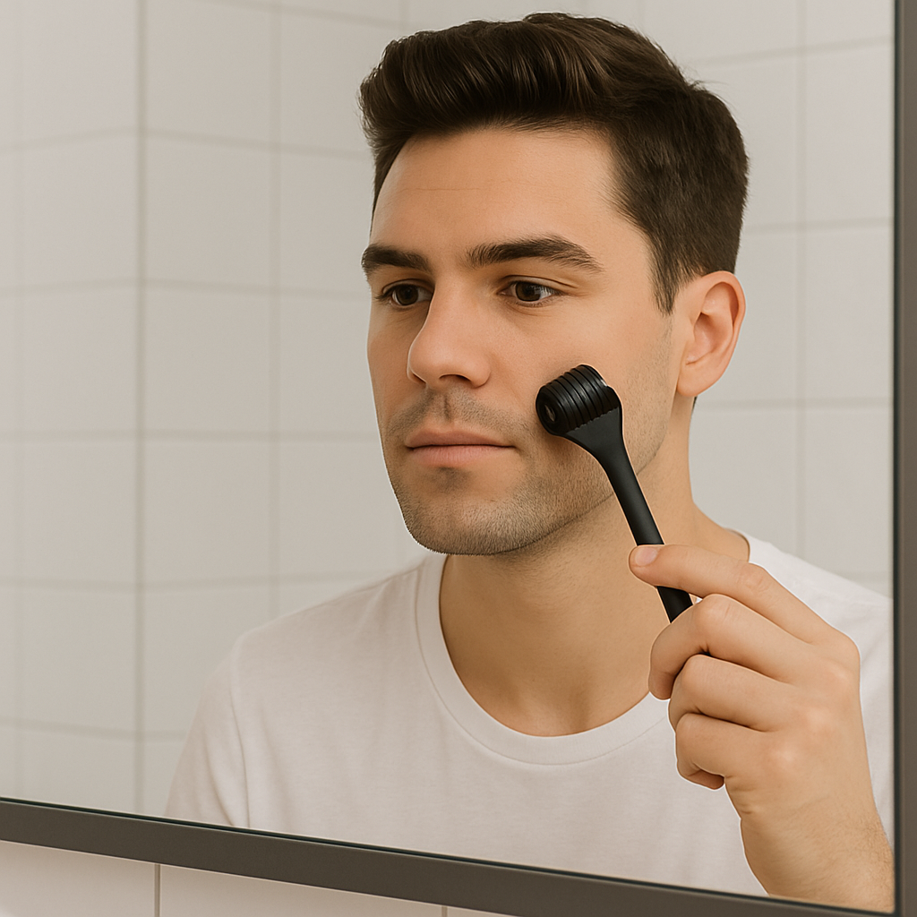 Man using beard derma roller for healthier skin