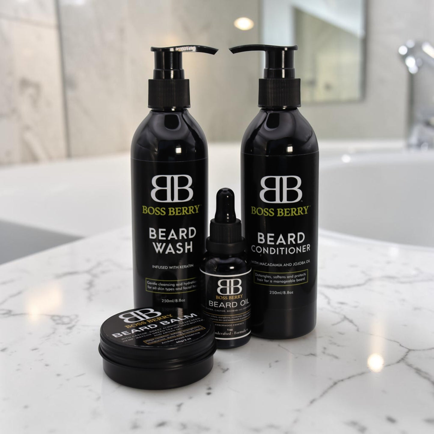 BOSS_BERRY_Sovereign_Obsidian_Core_Beard_Bundle1 products on a marble countertop.