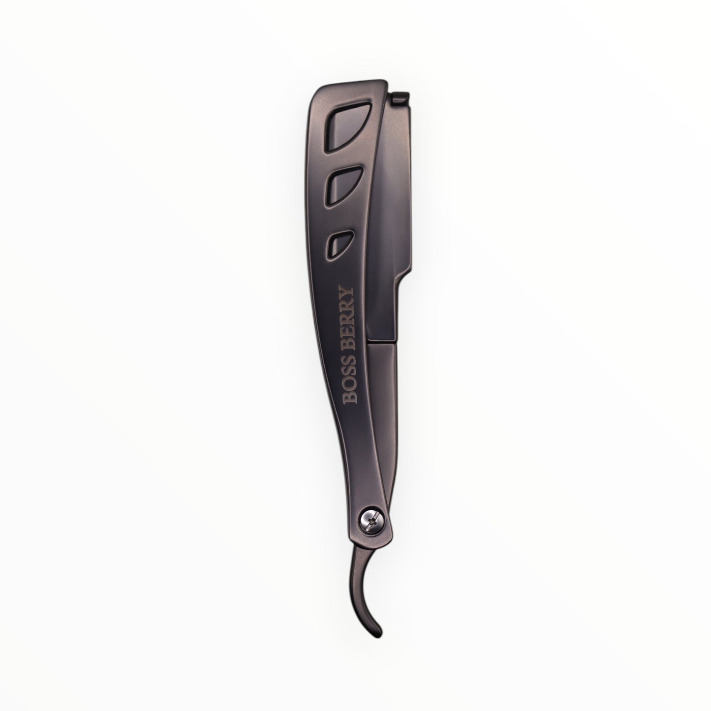 Best Straight Edge Shaving Razor, Black Satin logo side | BOSS BERRY