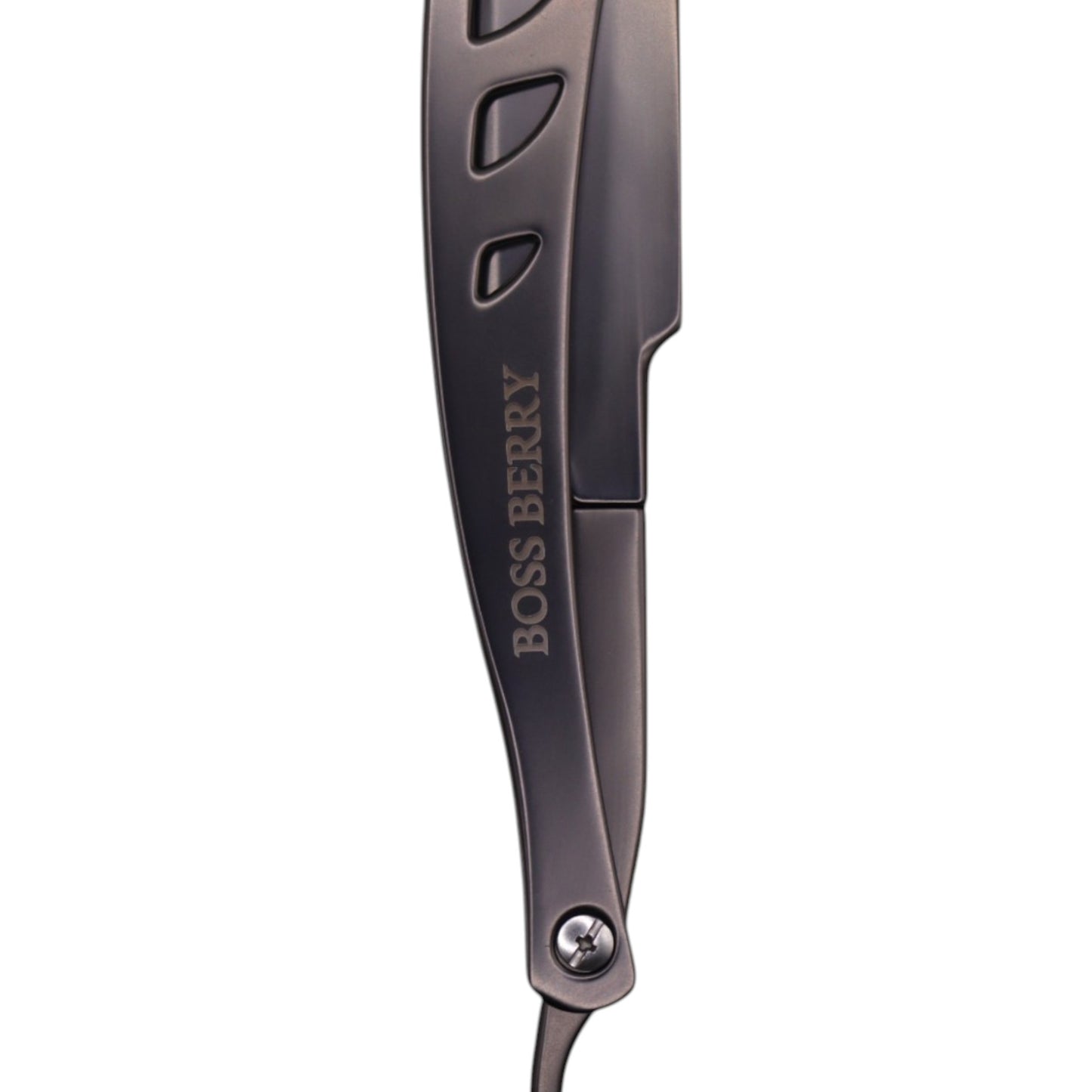 Best Straight Edge Shaving Razor, Black Satin logo side closeup | BOSS BERRY