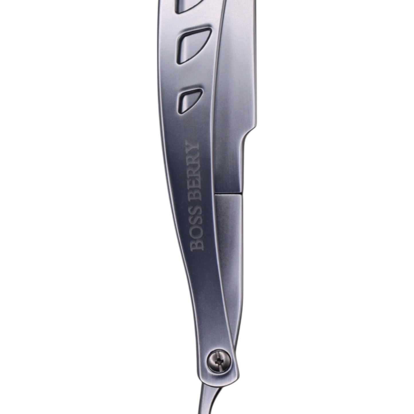 Best Straight Edge Shaving Razor, Brushed Silver Logo Side Close Up | BOSS BERRY