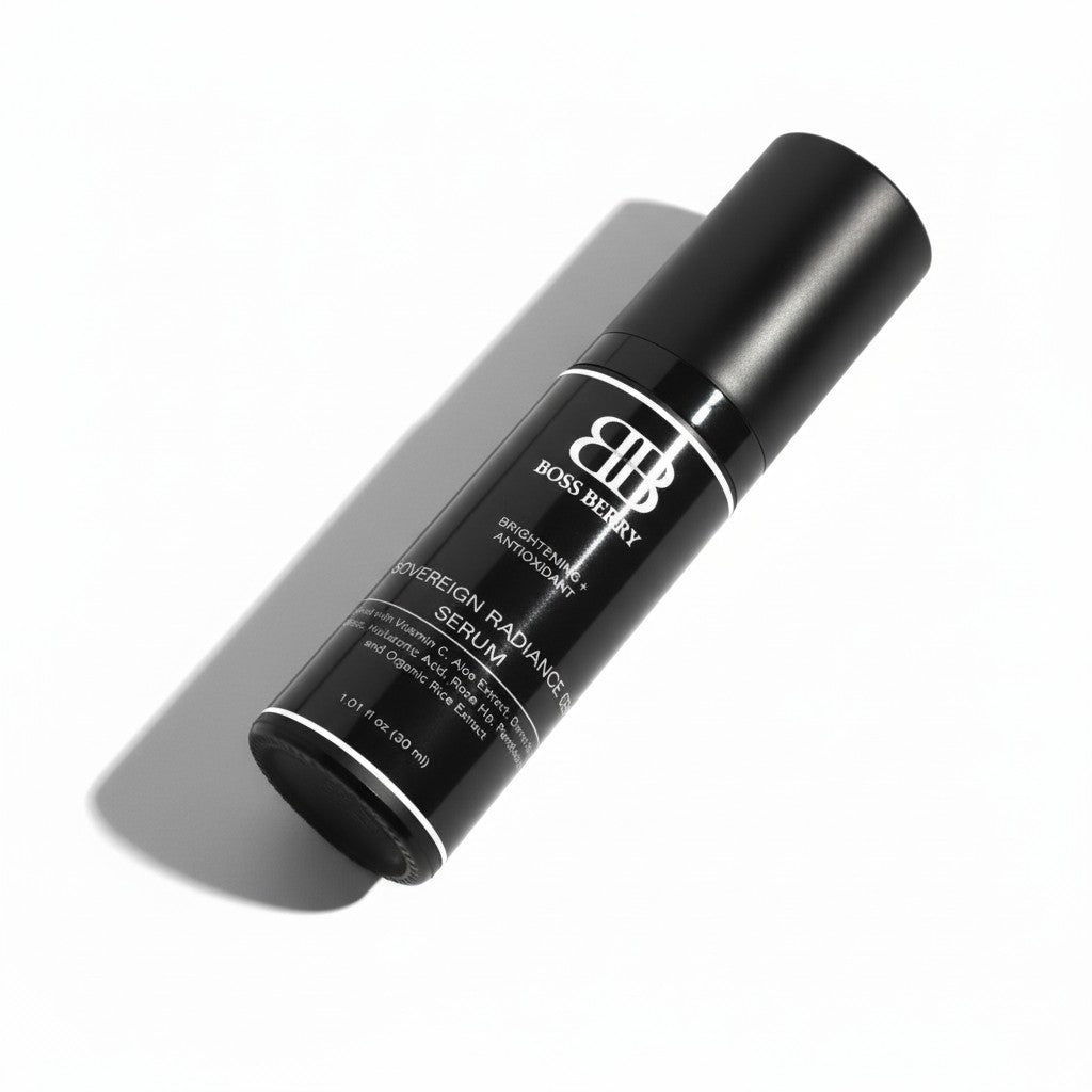 Radiance C serum bottle on side with visible branding on a white background