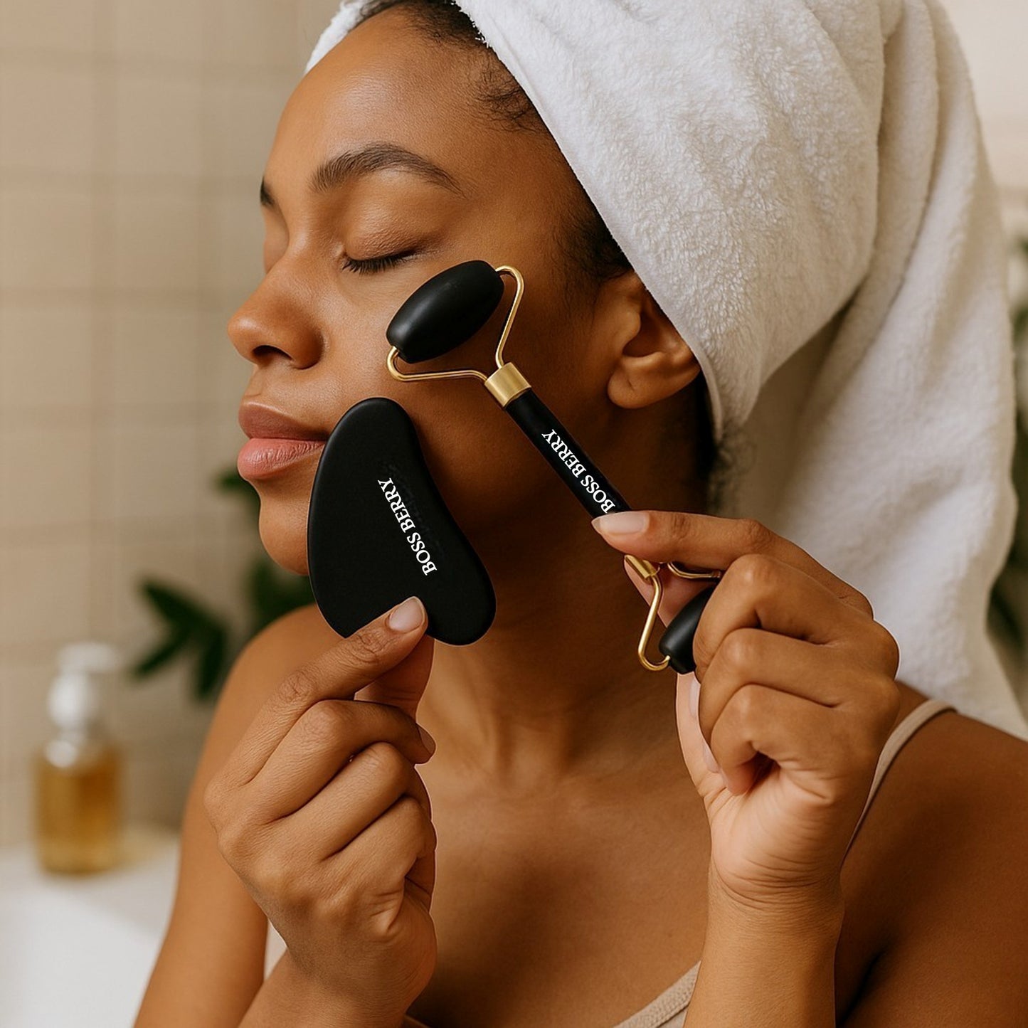 Woman with Best Jade Facial Roller and Gua Sha| BOSS BERRY