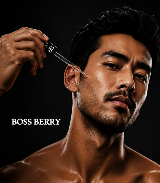 Man with dropper applying serum to skin with BOSS BERRY graphic