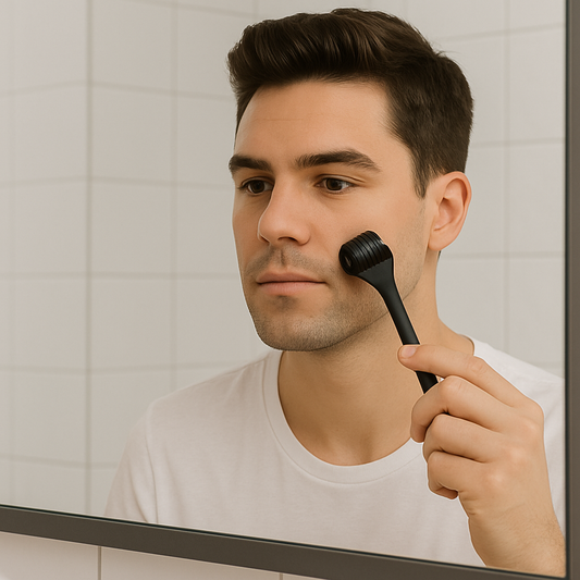 Man using beard derma roller for healthier skin