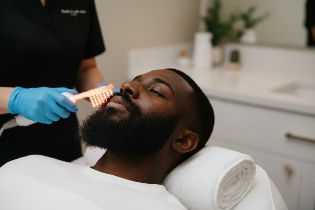 Man getting high frequency treatment on beard BOSS BERRY