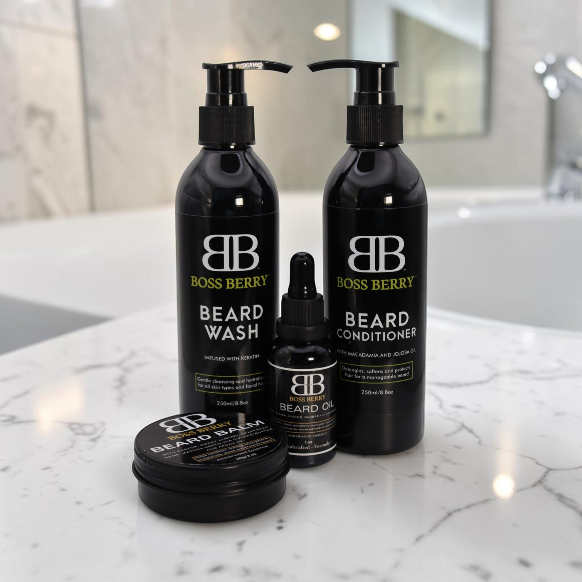 BOSS_BERRY_Sovereign_Obsidian_Core_Beard_Bundle1 products on a marble countertop.