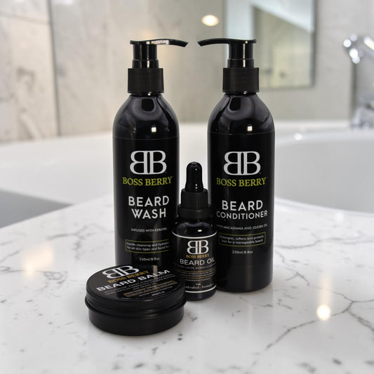 BOSS_BERRY_Sovereign_Obsidian_Core_Beard_Bundle1 products on a marble countertop.