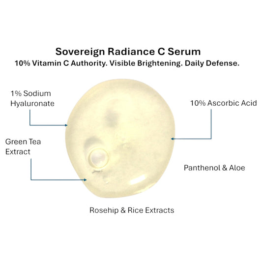 Sovereign Radiance C Serum with labeled ingredients on a white background