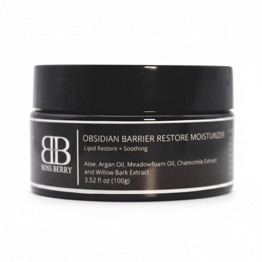 Boss Berry Obsidian Barrier Restore Moisturizer jar on a white background