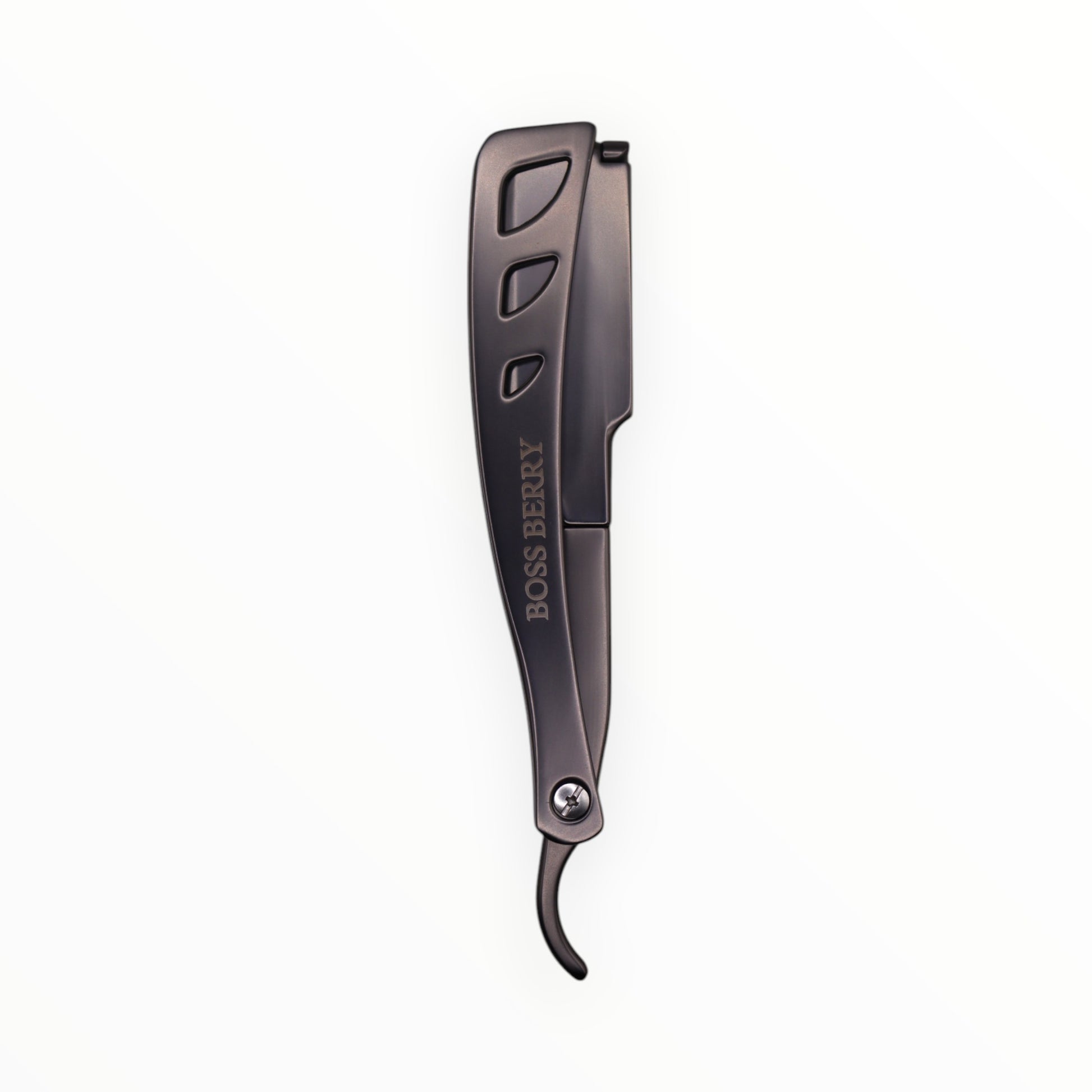 Best Straight Edge Shaving Razor, Black Satin logo side | BOSS BERRY