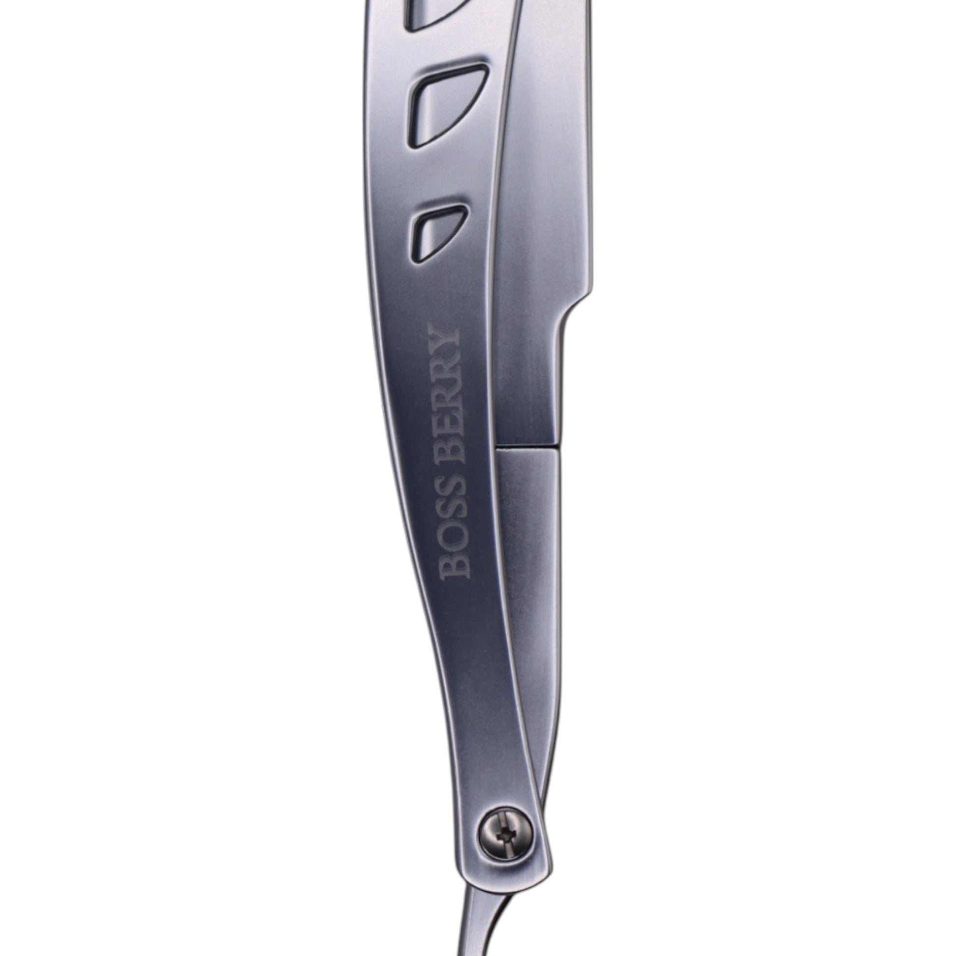 Best Straight Edge Shaving Razor, Brushed Silver Logo Side Close Up | BOSS BERRY 