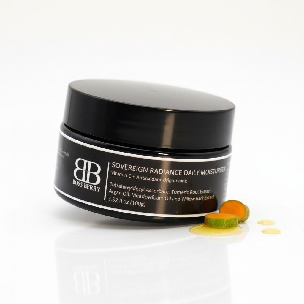 Black jar of Boss Berry sovereign radiance daily moisturizer on a white background