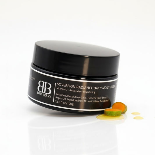 Black jar of Boss Berry sovereign radiance daily moisturizer on a white background