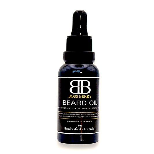 Boss Berry beard oil bottle on a white background