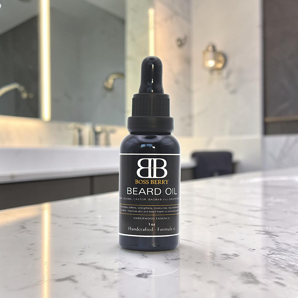 Boss Berry beard oil bottle on a marble countertop with a bathroom background