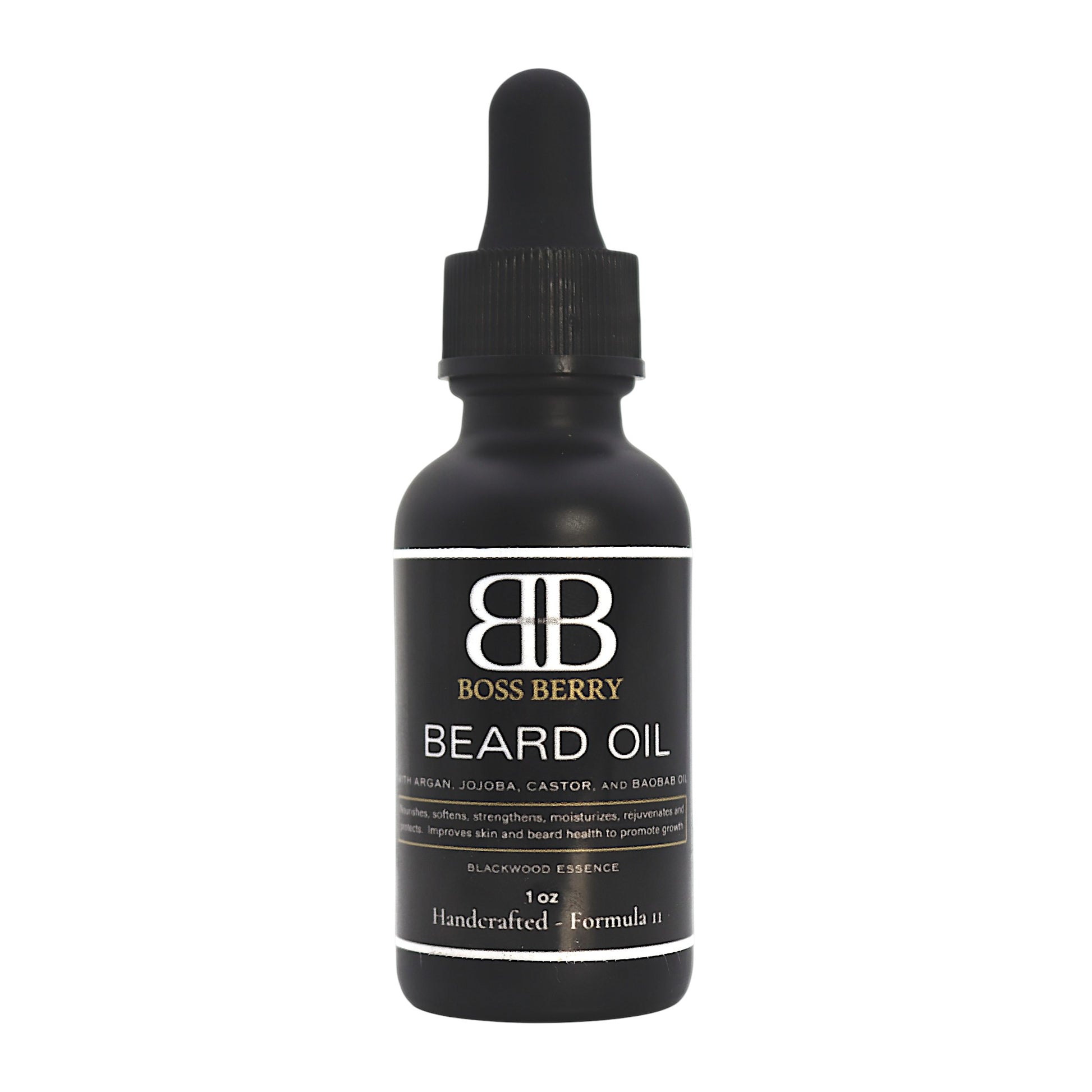 Boss Berry Sovereign Beard Elixir Blackwood Essence beard oil bottle on a white background