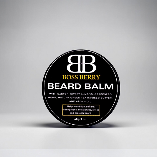 Boss Berry beard balm container on a gray background